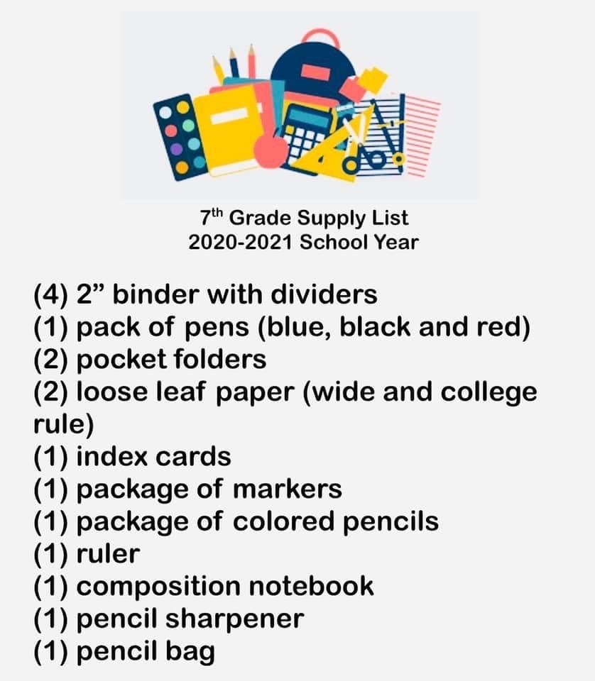 Seventh Grade School Supply List