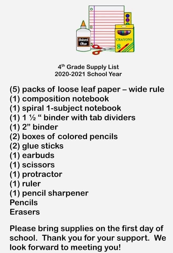 Fourth Grade School Supply List