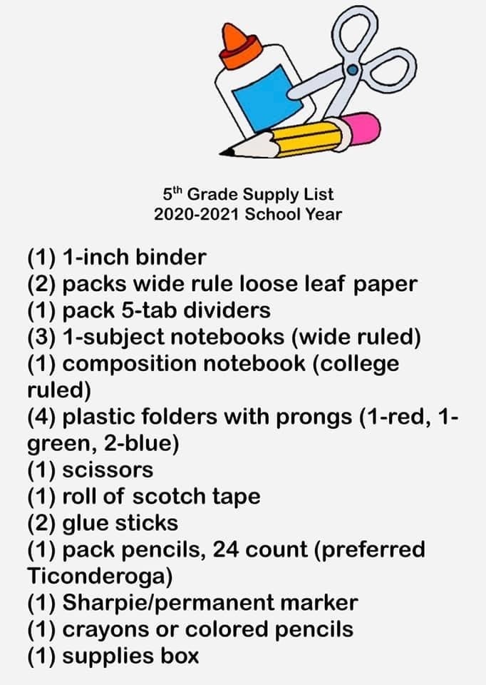 Fifth Grade School Supply List
