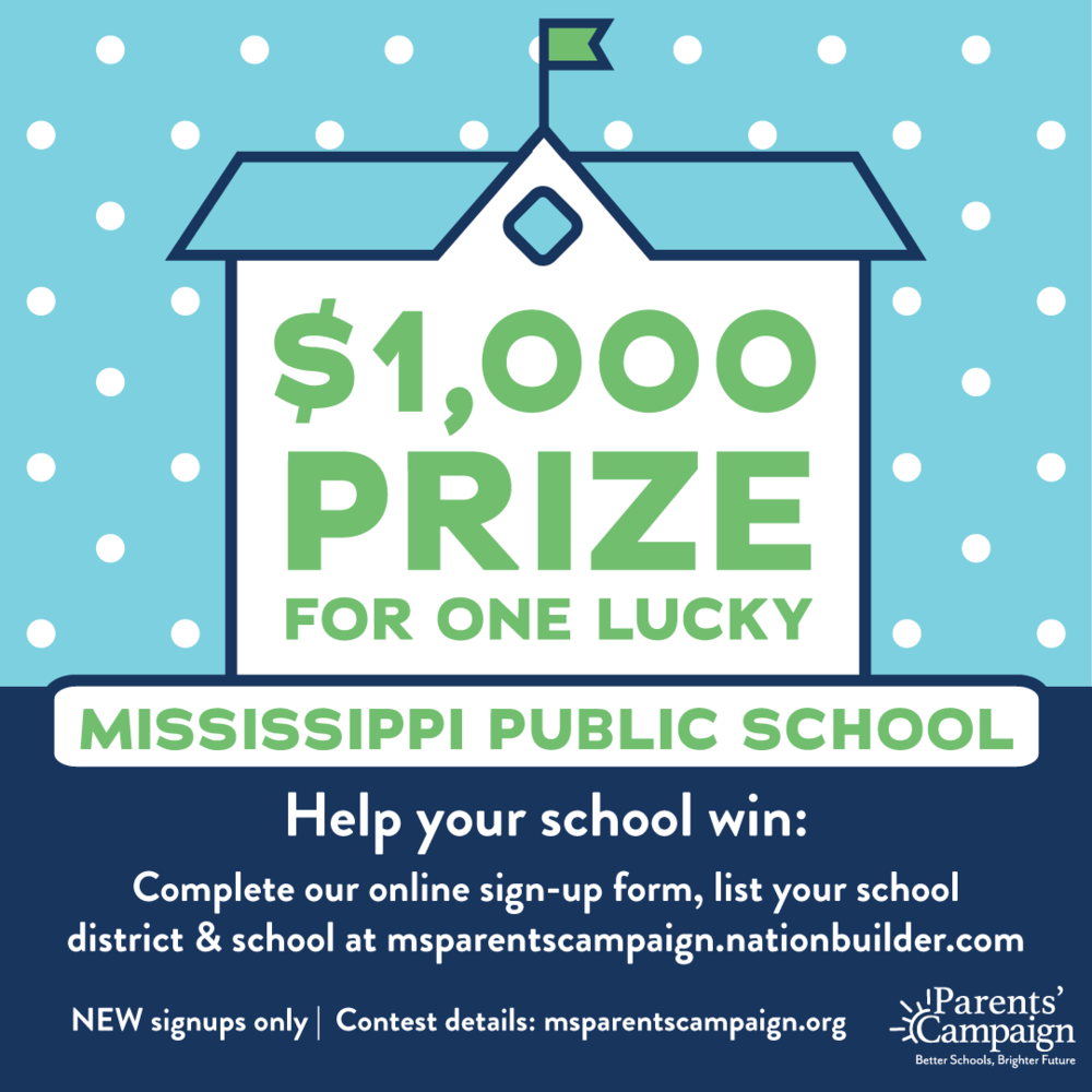 Dear Aberdeen School District and Parents,  You can support public education and win $1,000 for your Aberdeen School District! An anonymous donor is offering $1,000 to the Mississippi public school whose supporters win our February promotion. Make sure Aberdeen School District gets plenty of entries - share this announcement with friends and family, your PTO, and on social media. To enter, parents, teachers, grandparents, and other supporters of Aberdeen School District will sign up to receive email notifications from The Parents' Campaign and provide Aberdeen School District and the Aberdeen Elementary, Belle/Shivers Middle School, or Aberdeen High School their support. The contest is open only to new online sign-ups from adults 21 years of age or older. Use this link to access the form and join the contest.     Contest details:  The contest will run throughout the month of February, with an entry deadline of 11:59 p.m. on Tuesday, February 28. The (one) winning school will be announced on Friday, March 3, 2023. Any adult age 21 or older is eligible to participate. Entry is via completion of an on-line sign-up form for email notifications from The Parents' Campaign. Only one sign-up per email address is allowed. Entry is open only to new sign-ups, but current email recipients can help build entries for your school by forwarding this to family and friends. An entrant may list all the Aberdeen Schools within our District, and each school will receive credit for the sign-up. Only Mississippi public schools are eligible to win the contest. There is no cost to participate. The winning school will have the highest ratio of sign-ups to school enrollment (number of sign-up forms that include the school's name divided by the school's 2022-2023 total enrollment as listed on MDE's web site). Encourage your Aberdeen community to participate by forwarding this email, sharing our Facebook, Twitter, and Instagram posts, or downloading and sharing the graphic below.